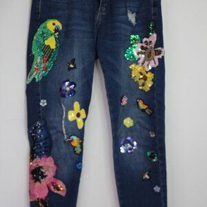 V. Cristina Parrot Floral Embellished Denim Jeans Size 4